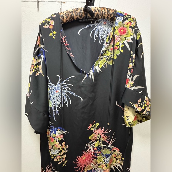 Zara Black Floral V-Neck Kaftan Maxi Dress Small - Picture 8 of 10